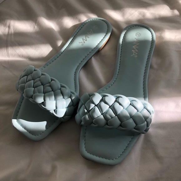 Light Blue Braided Strap Leather Slide Sandals - Picture 4 of 9